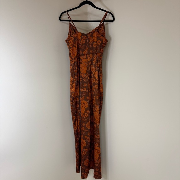 Suzy Shier Orange and Brown Elegant Floral Romper | One-piece Silk Jumpsuit - Picture 4 of 9